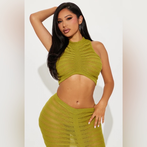 New Sheer Sleeveless Sweater Cropped Top and Maxi Skirt Set in Olive Size 3X - Picture 7 of 7